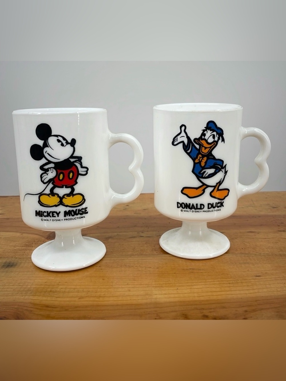 Vintage 70’s Mickey Mouse Donald Milk Glass Pedestal Mug Set Walt Disney